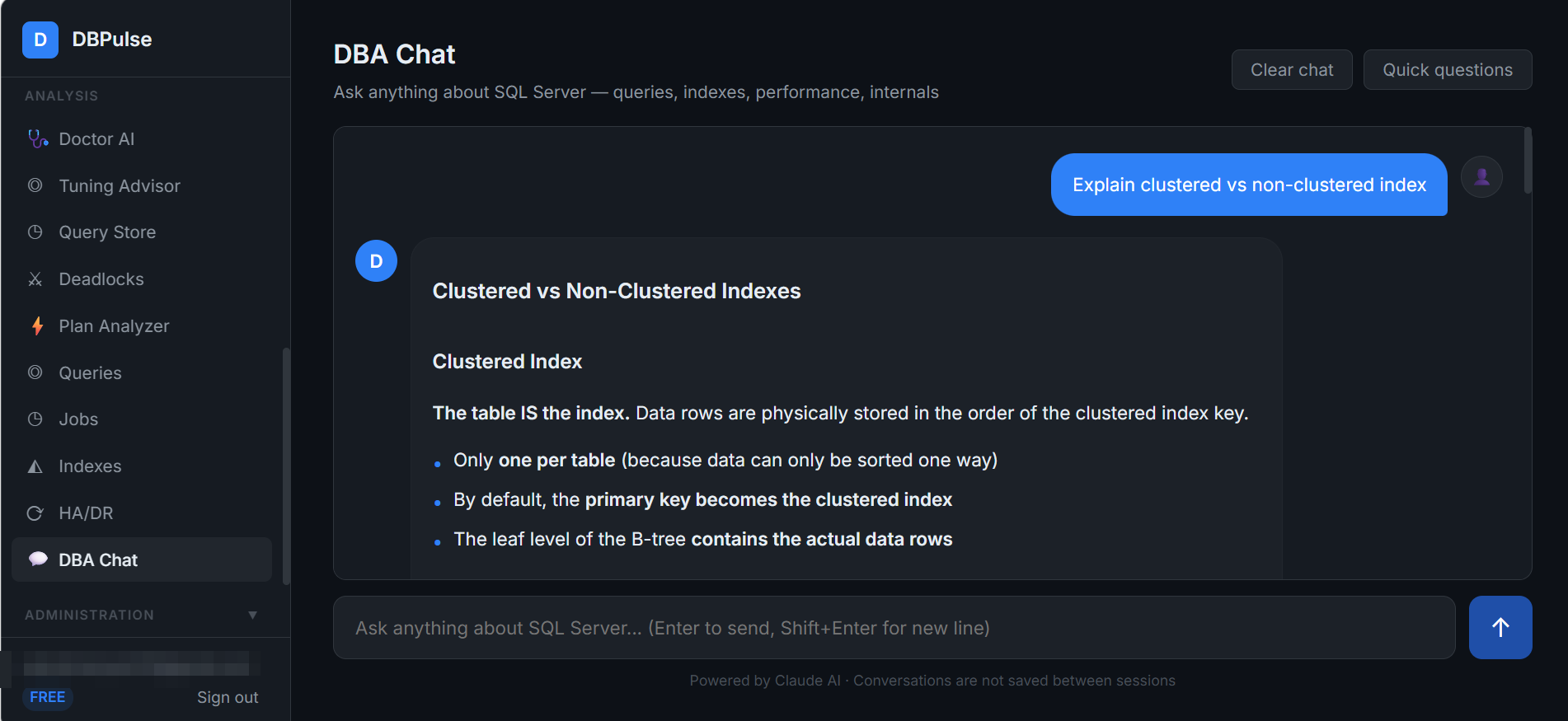 DBA Chat explaining clustered vs non-clustered indexes