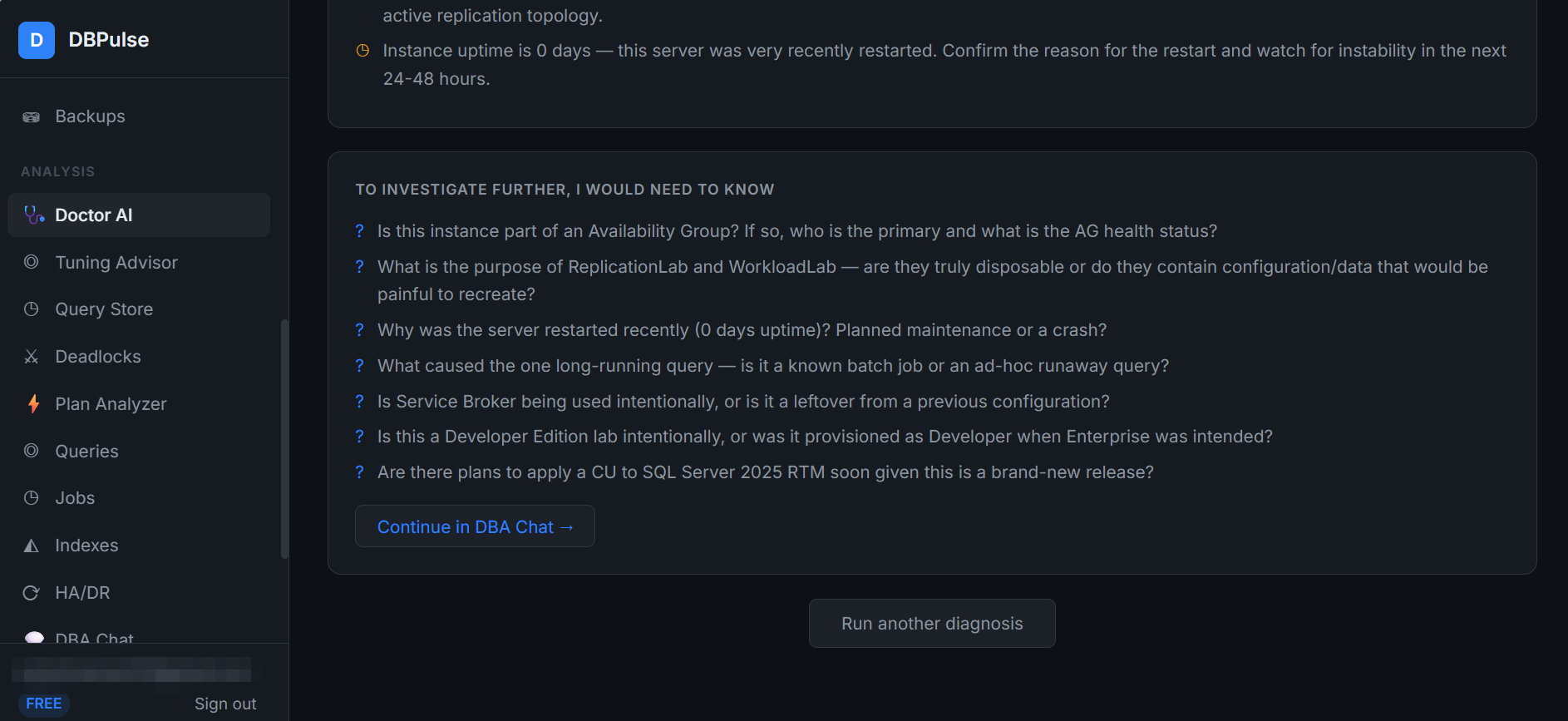 Follow-up questions and a link into DBA Chat