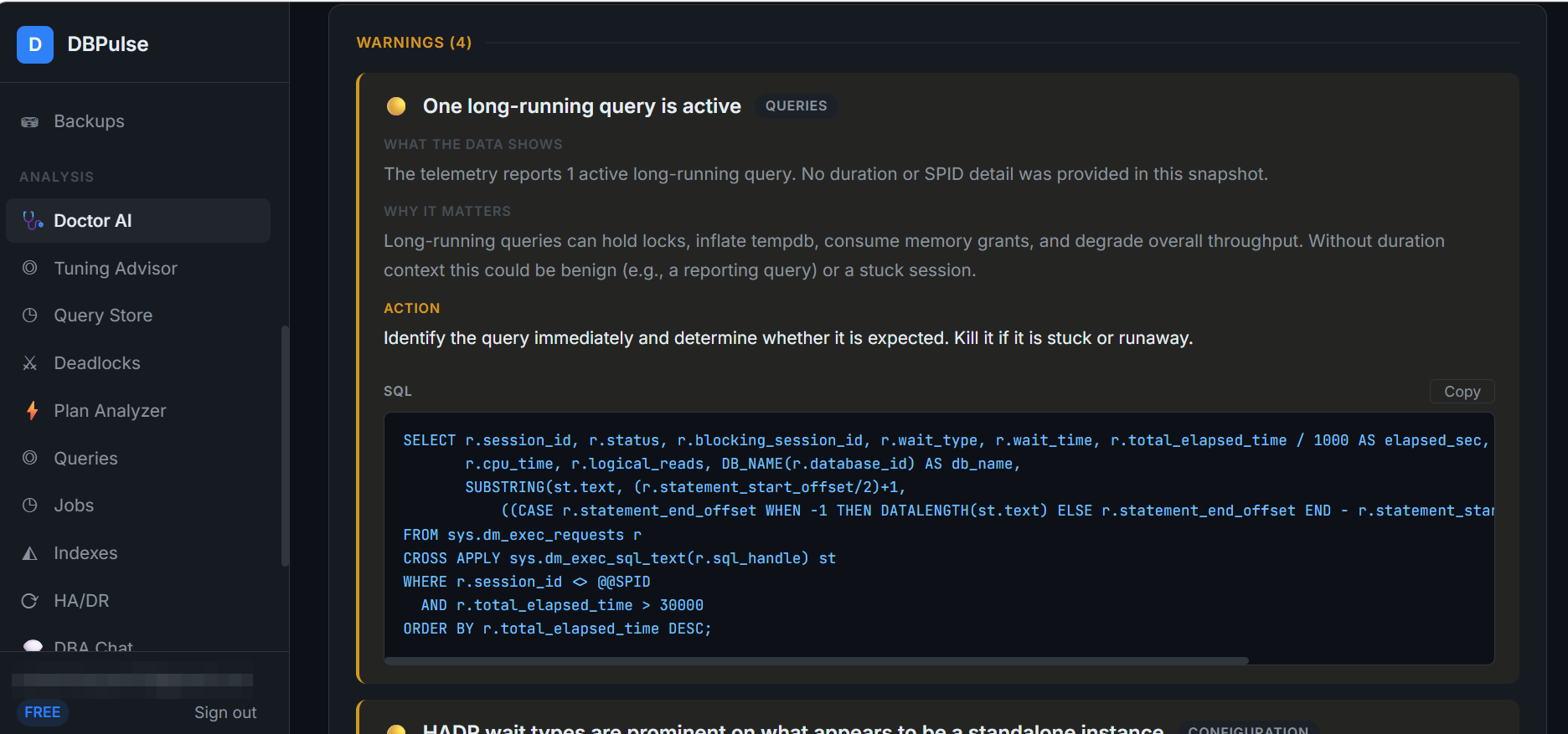 A warning with a diagnostic SQL query you can copy