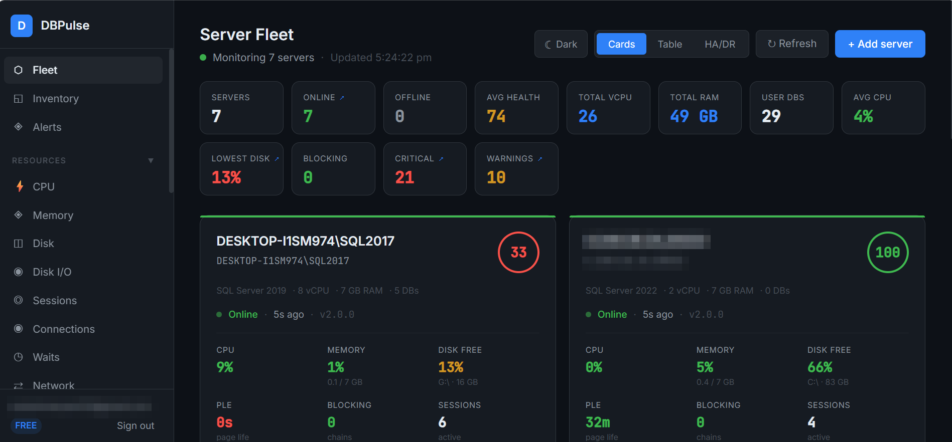 DBPulse Fleet Overview dashboard