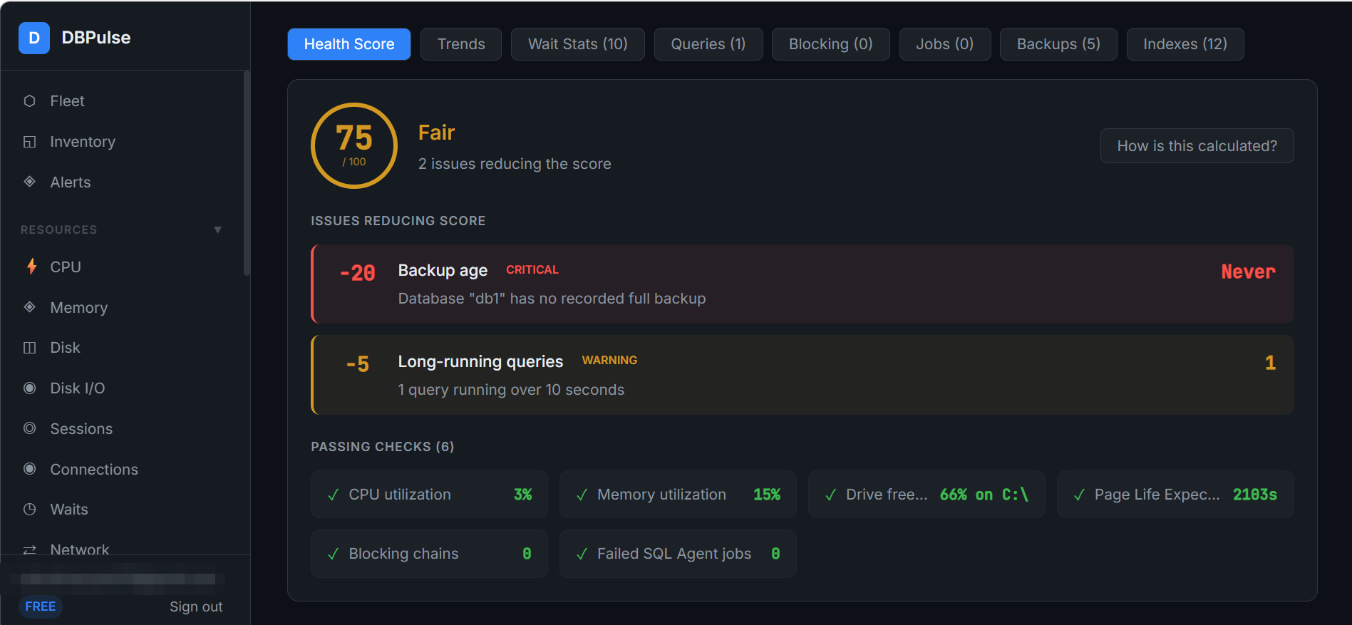 Health Score tab: the issues that reduce the score and the checks that pass