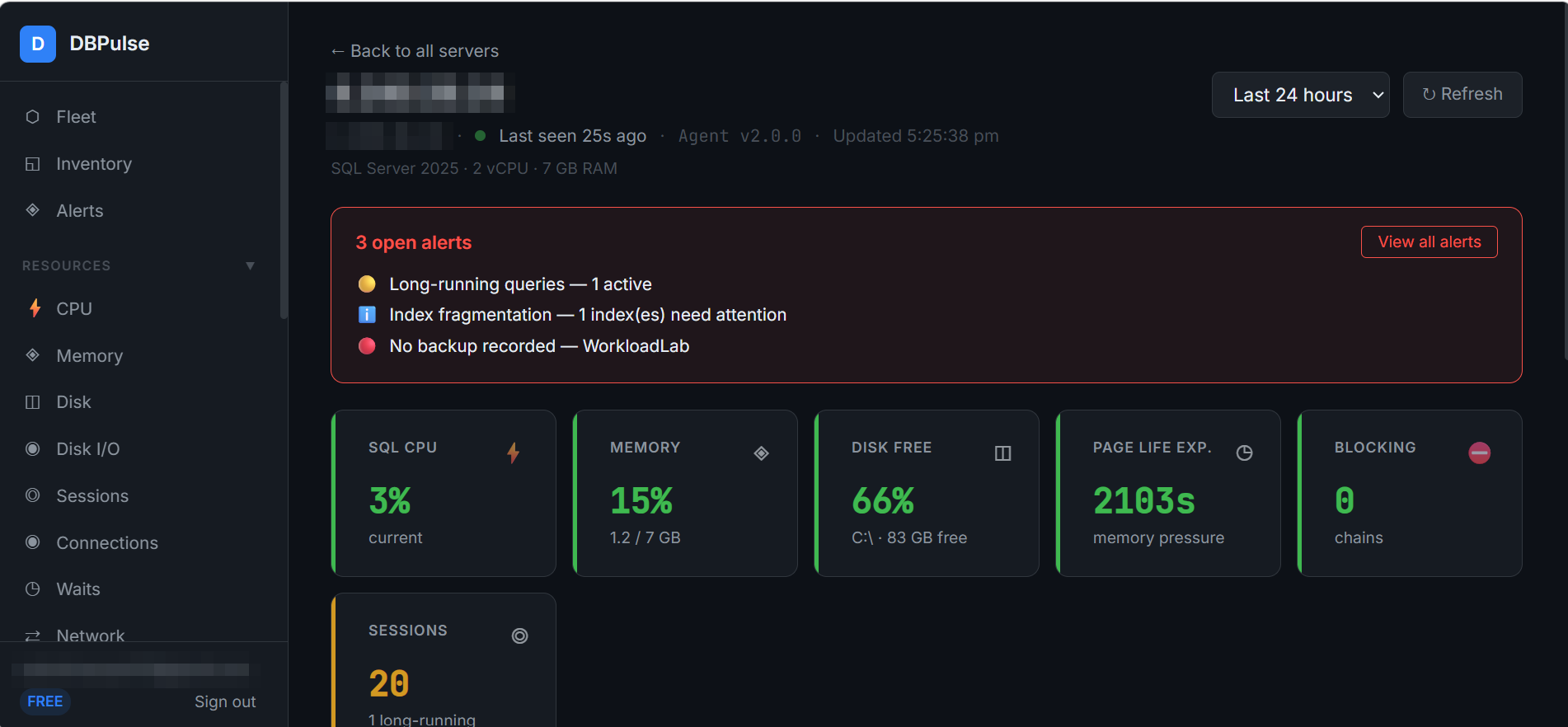 Server Detail: open alerts and key metric tiles