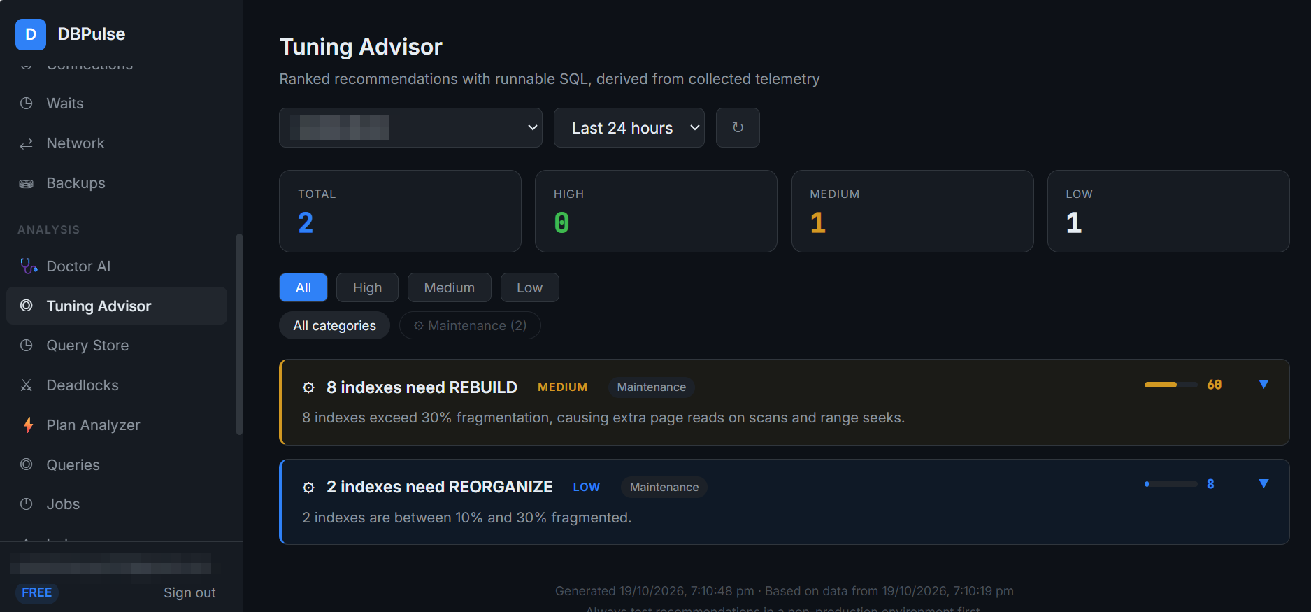 Tuning Advisor with ranked maintenance recommendations